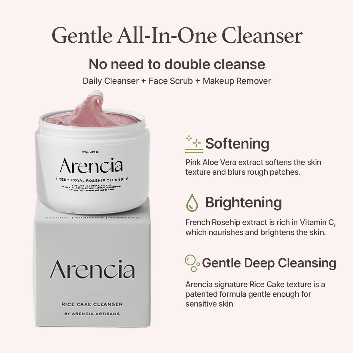 ARENCIA FRESH ROSEHIP RICE MOCHI CLEANSER غسول الأرز وزيت الورد البري - الصورة 3