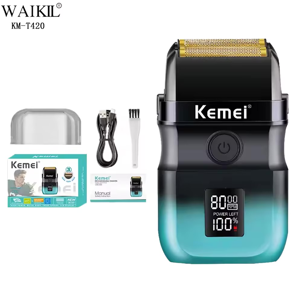 ماكينة حلاقة KEMEI Km-t420 ببطارية ليثيوم 1400 مللي أمبير قوية، شفرات مزدوجة من الفولاذ المقاوم للصدأ، محرك عائم 8000 دورة في الدقيقة، شفرة حلاقة للرجال معتمدة من CE وROHS