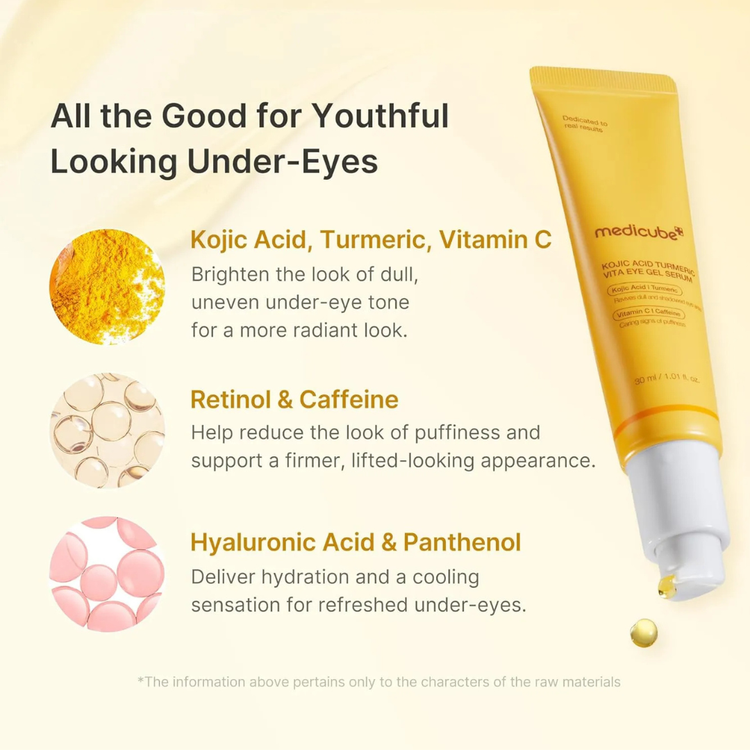 سيروم جل لمنطقة العين بالكوجيك أسيد والكركم لإشراقة وتوحيد اللون Medicube Kojic Acid Turmeric Vita Eye Gel Serum 30ml - الصورة 3